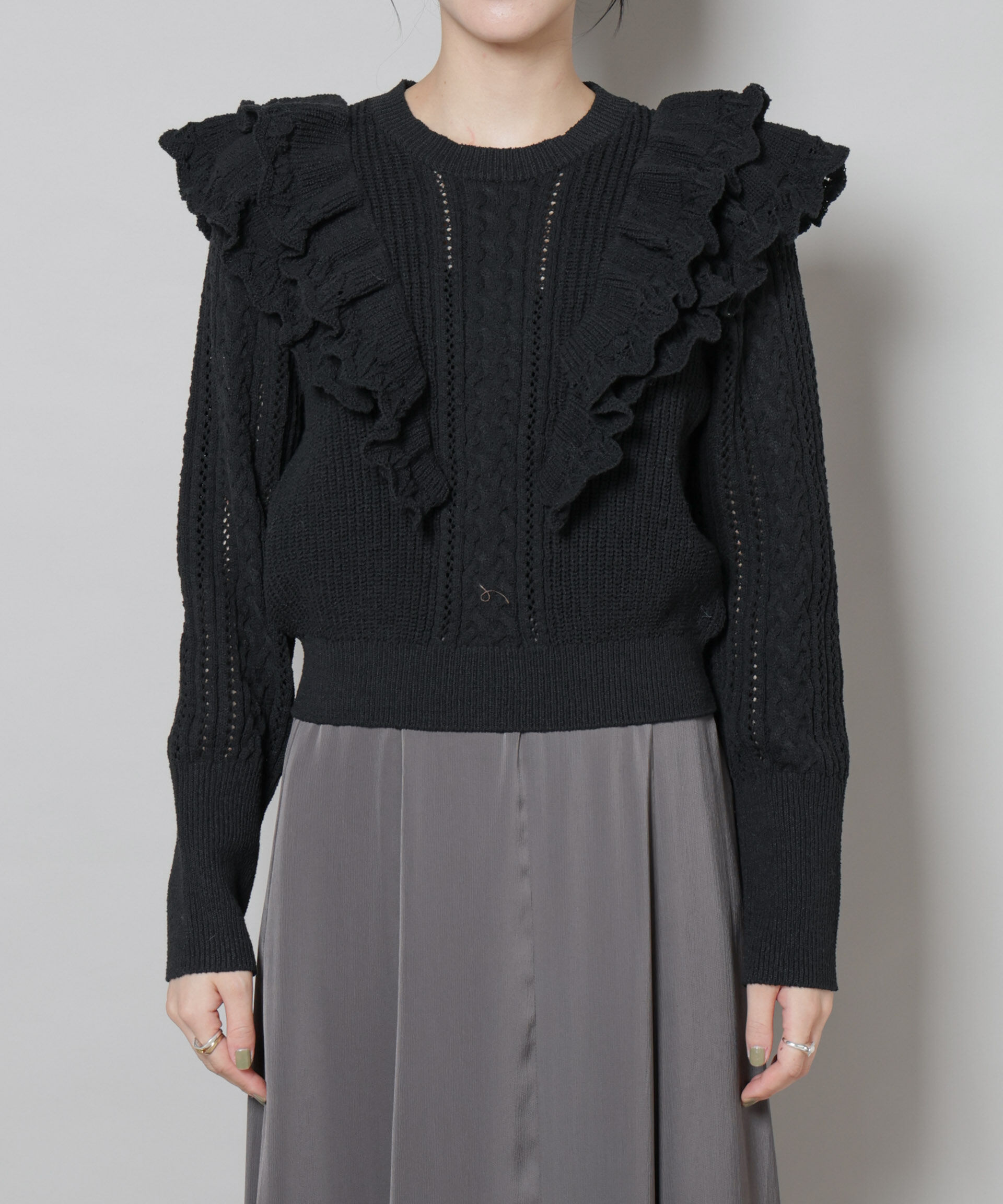 nano･universe「フリルケーブルニットプルオーバー」|ニット・セーター|