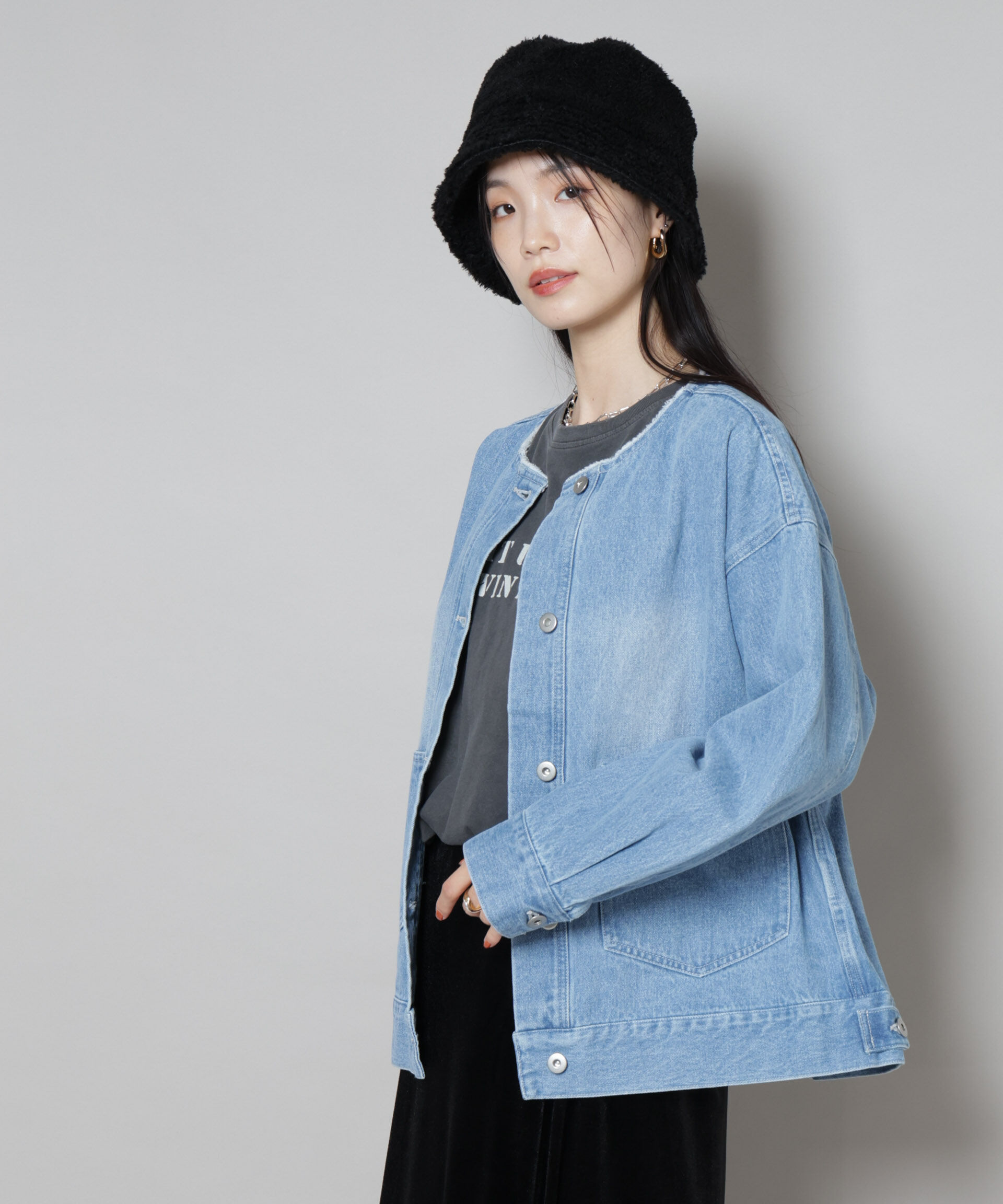 nano･universe「ノーカラーデニムジャケット」|テーラードジャケット|