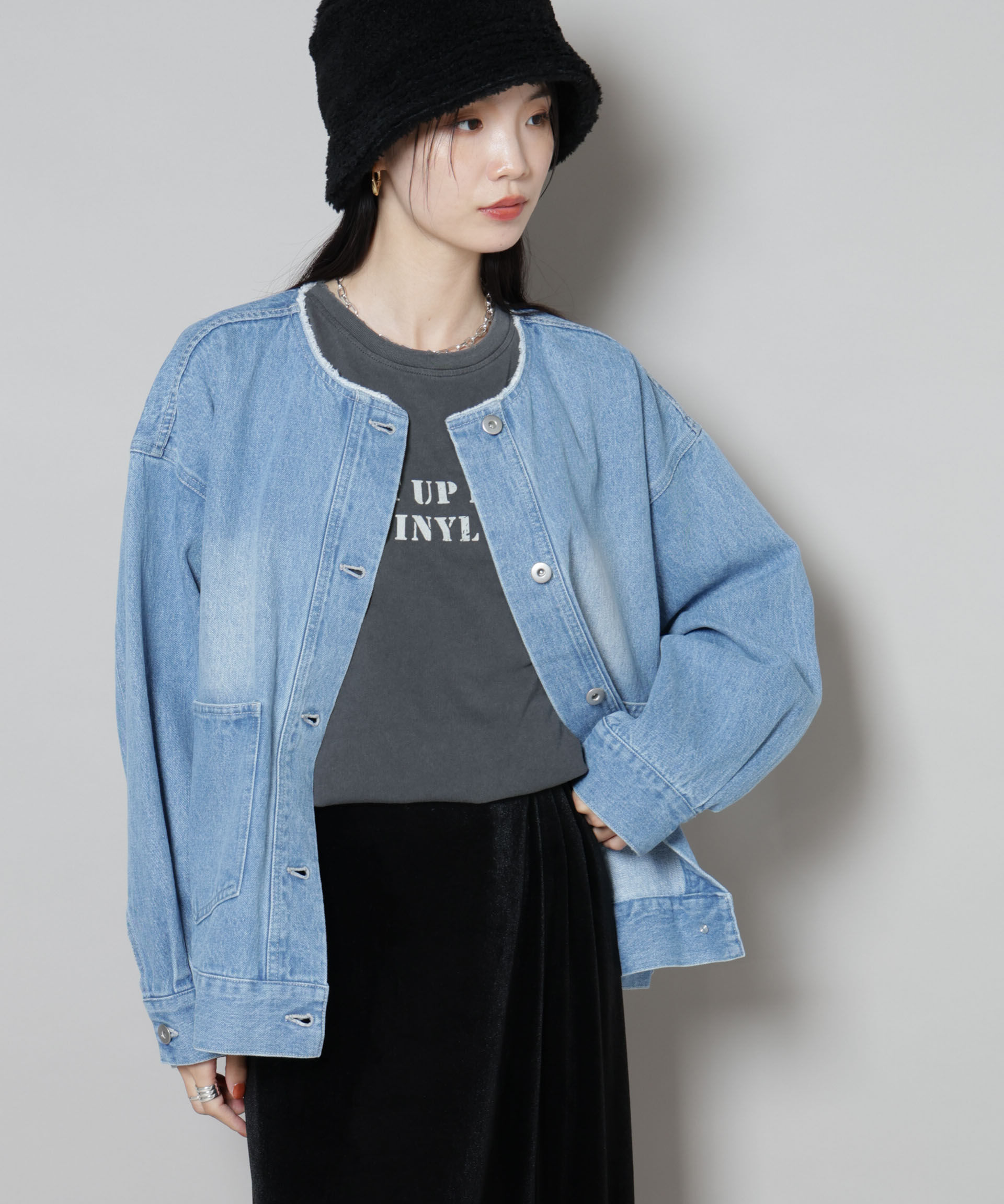 nano･universe「ノーカラーデニムジャケット」|テーラードジャケット|