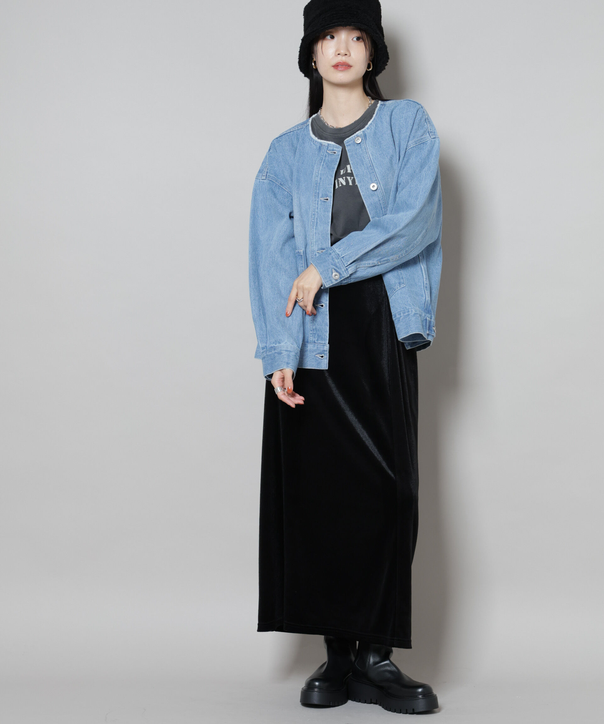nano･universe「ノーカラーデニムジャケット」|テーラードジャケット|