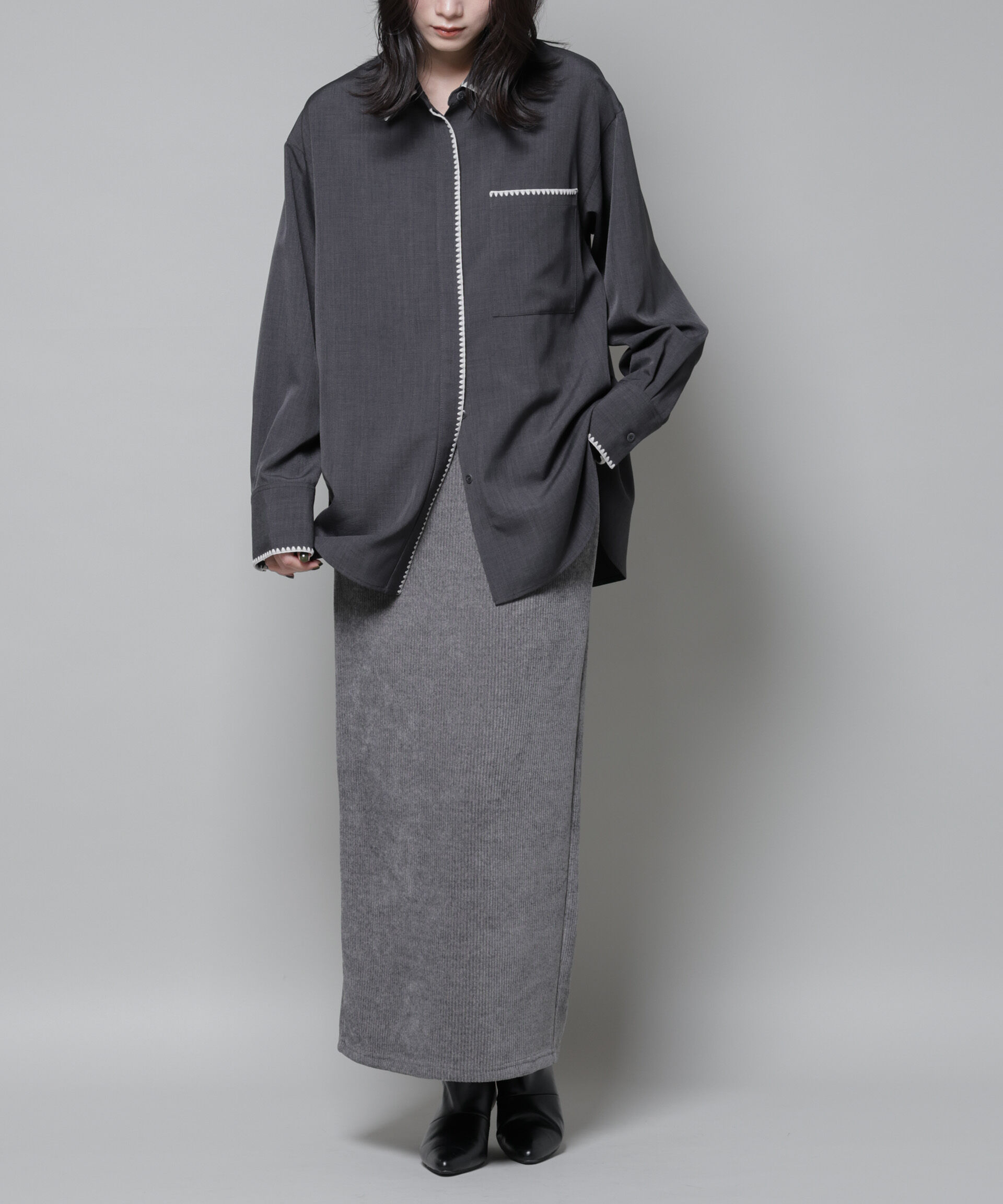 nano･universe「起毛リブカットタイトロングスカート」|スカート|グレー