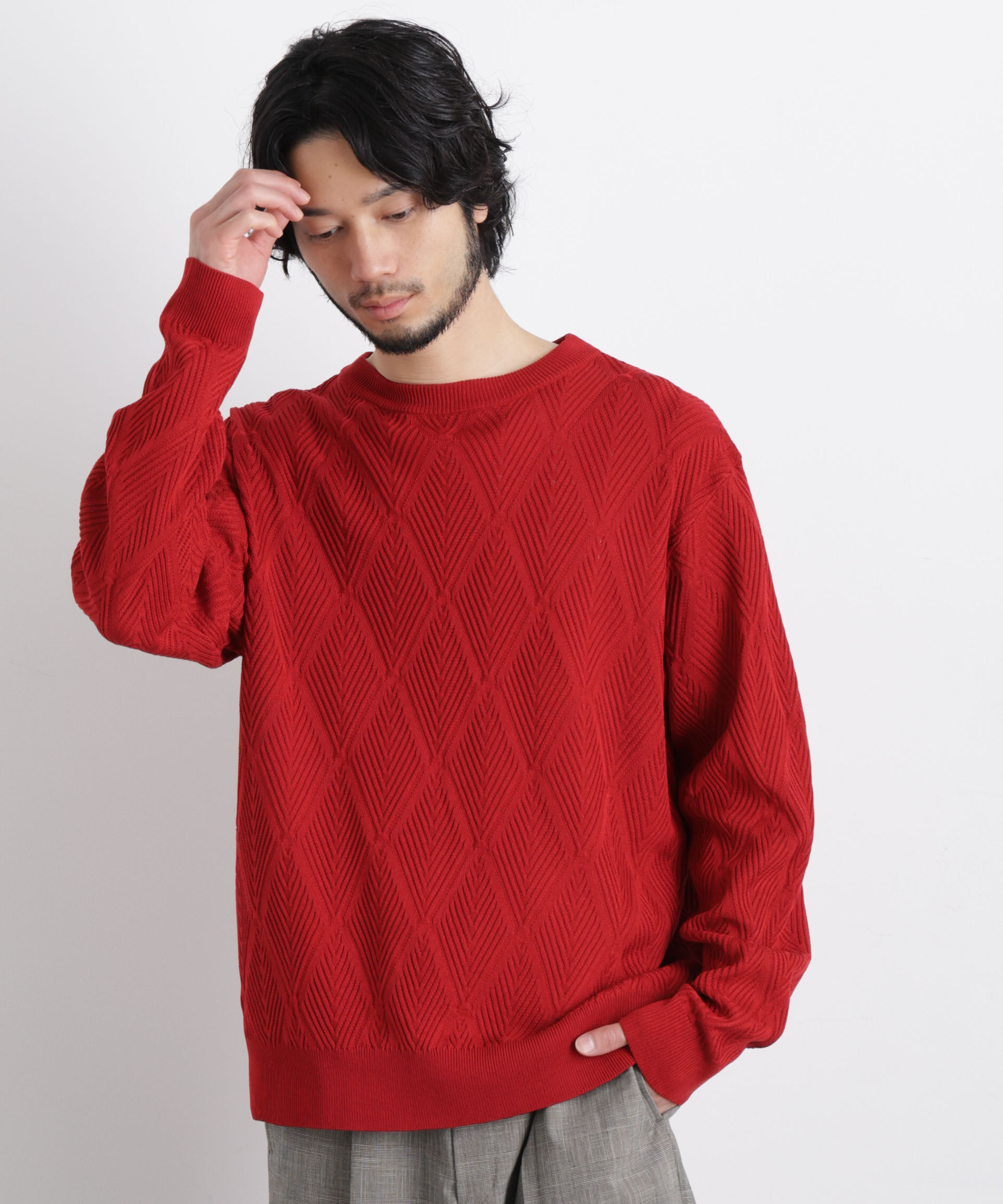 nano･universe「ハイツイストテクスチャーニット」|ニット・セーター|レッド