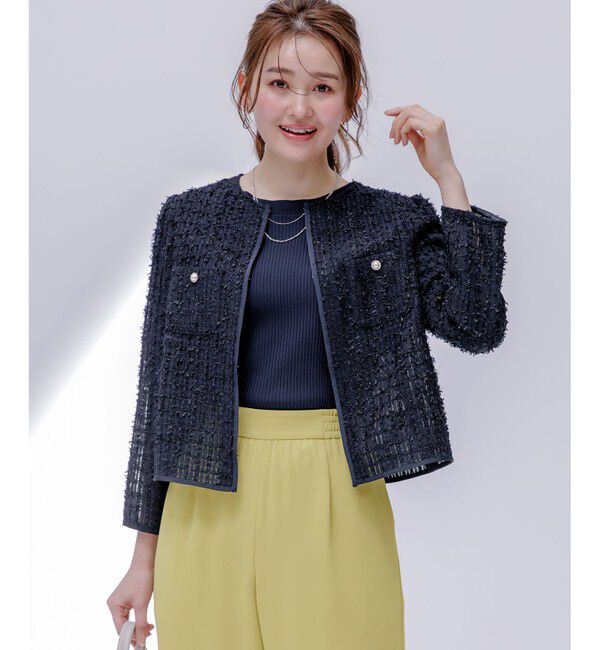 ANY SIS「リボンヤーンシアーツイード ジャケット」|ノーカラージャケット|ネイビー