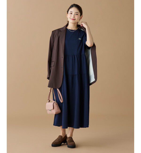 LACOSTE「ティアード切り替え コットンドレス マキシ丈 ワンピース」|ワンピース|ネイビー