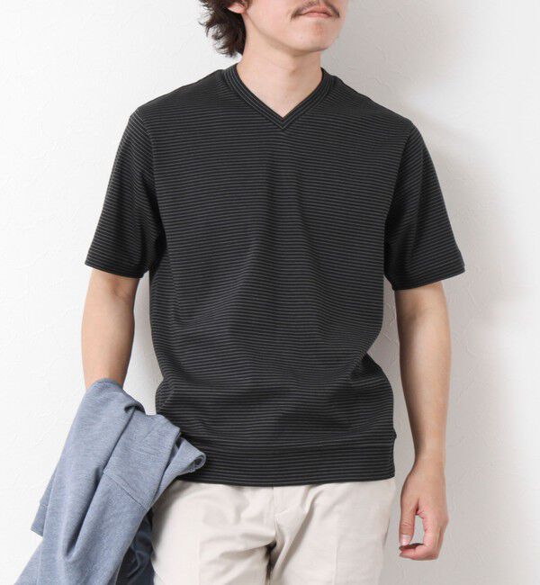 NOLLEY'S goodman「《ビジカジ対応》セミシルケットスムース ボーダー Vネック ドレスTシャツ 25SS」|Tシャツ・カットソー|ブラック