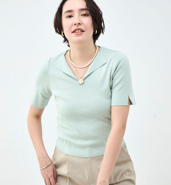 NOLLEY'S sophi「《手洗い可能》トライアングルカラー総針5分袖プルオーバー」|ニット・セーター|ミントグリーン