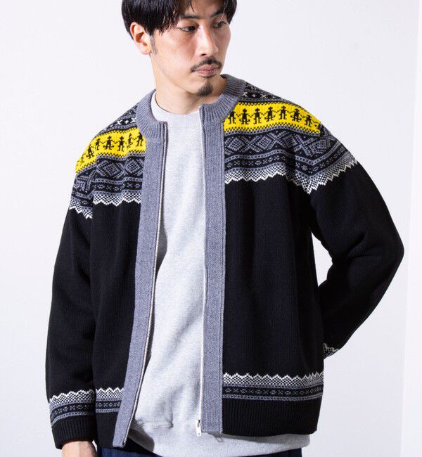 GLOSTER「【GLOSTER/グロスター】フェアアイル柄 エスニック ジップカーディガン ユニセックス」|カーディガン|ブラック系その他