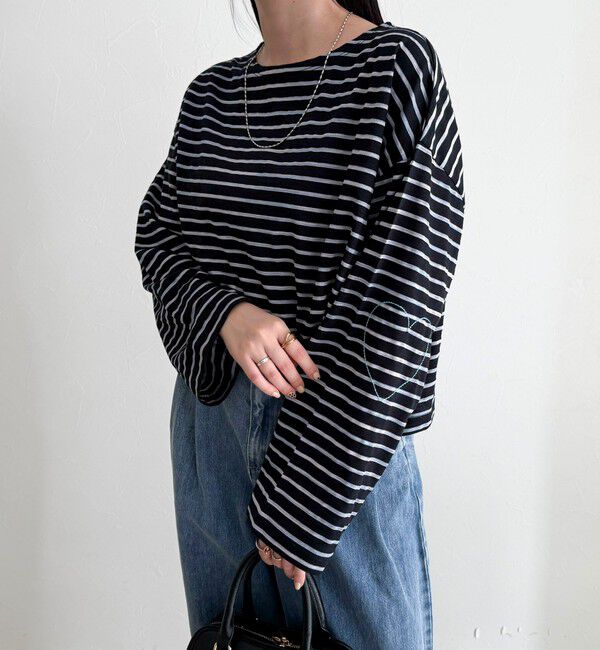 fredy emue「【人気商品の新型】ボーダーハートステッチルーズロンTシャツ」|Tシャツ・カットソー|ブラック系その他