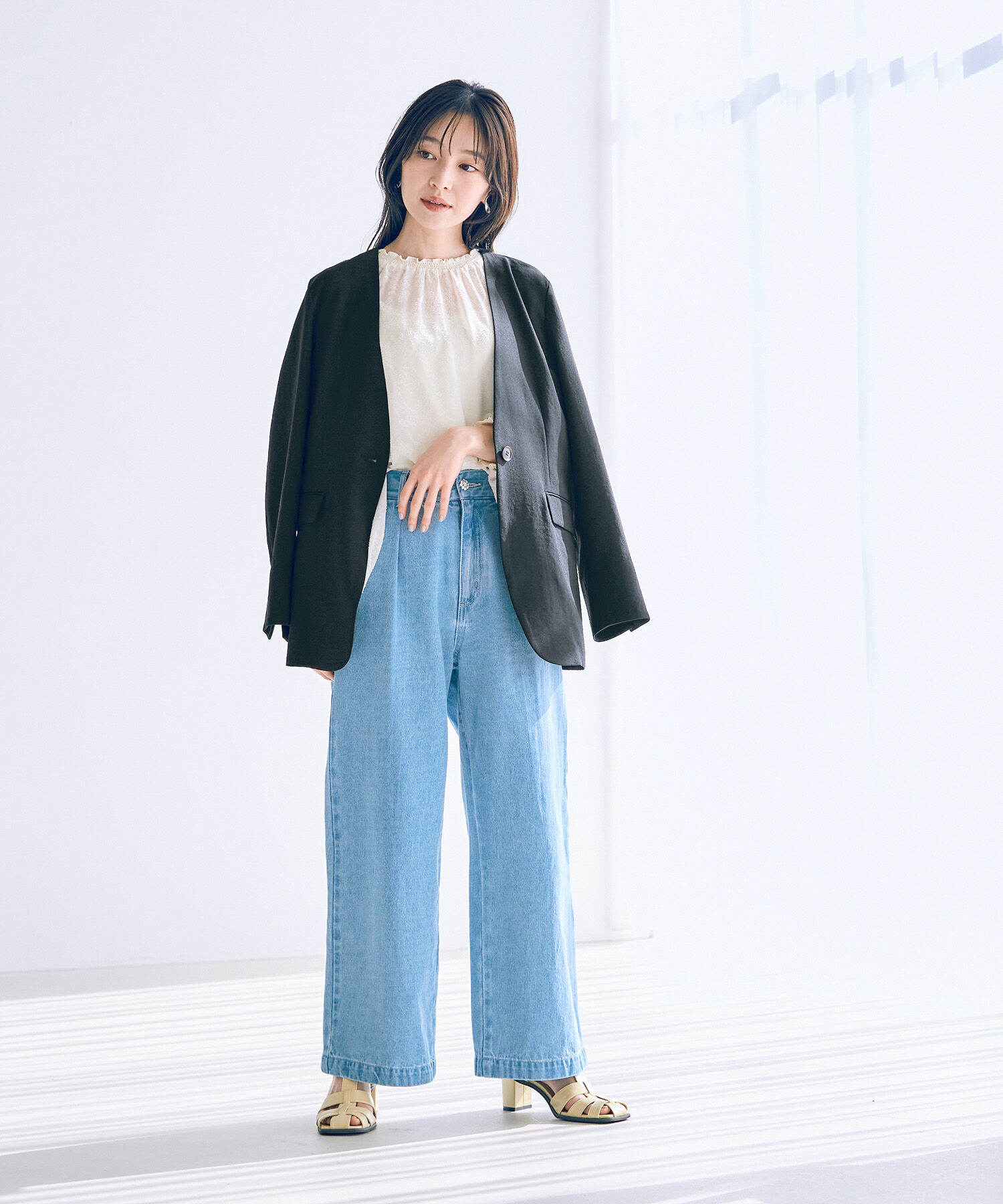 VIS「【洗える・接触冷感】美easyノーカラーVネックジャケット【セットアップ対応】」|ノーカラージャケット|