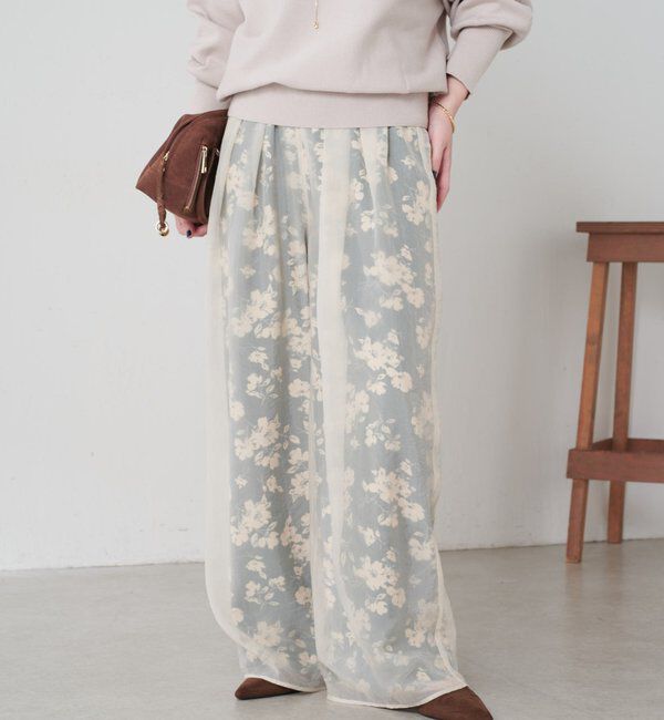  「シアーレイヤードフラワー柄パンツ」|チノ|グリーン