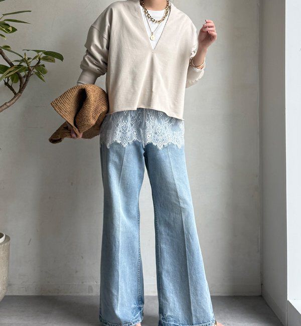  「【WEB限定】Vネック裏毛&times;レースロンTEEセット」|Tシャツ・カットソー|