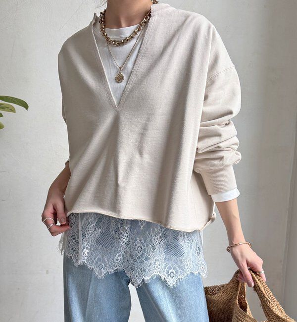  「【WEB限定】Vネック裏毛&times;レースロンTEEセット」|Tシャツ・カットソー|