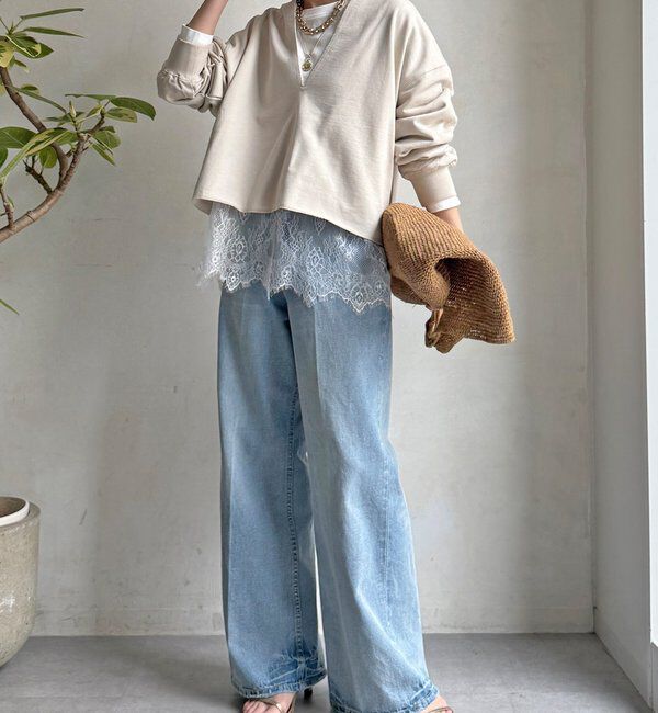  「【WEB限定】Vネック裏毛&times;レースロンTEEセット」|Tシャツ・カットソー|