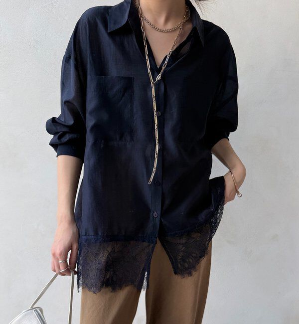  「裾レース切替シアーシャツ」|シャツ・ブラウス|ネイビー