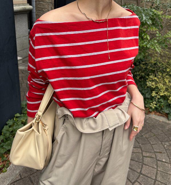  「マルチボーダーオフショルTEE」|Tシャツ・カットソー|レッド