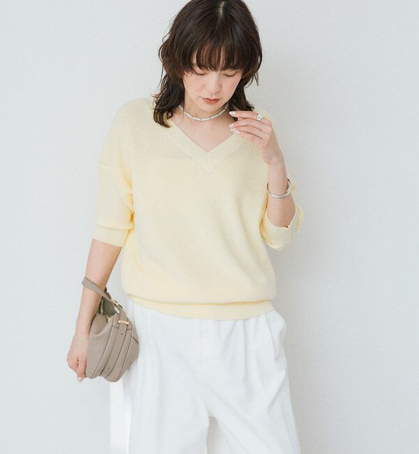  「【手洗い可能】ギマコットン片畦Vネックニット」|ニット・セーター|