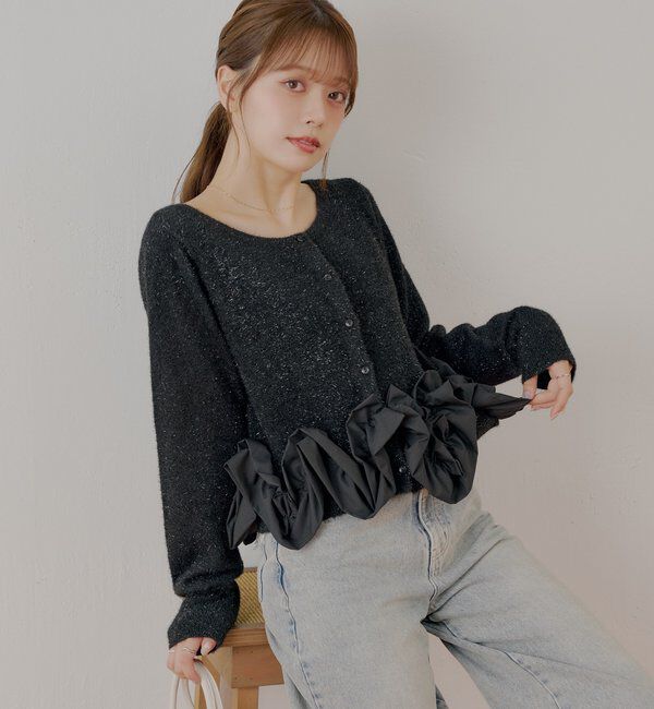  「ねじりフリルデザインラメシャギーカーディガン」|カーディガン|ブラック