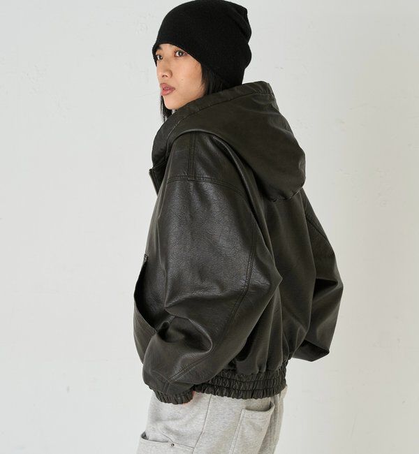  「【2way/ファー取り外し可能】ヴィンテージライクレザーファーフードブルゾン」|ブルゾン・スタジャン|