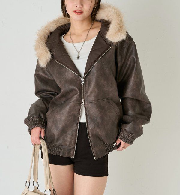  「【2way/ファー取り外し可能】ヴィンテージライクレザーファーフードブルゾン」|ブルゾン・スタジャン|