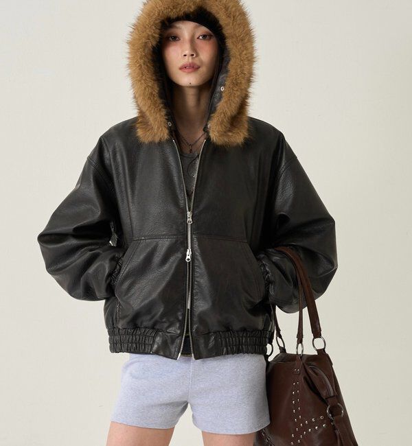  「【2way/ファー取り外し可能】ヴィンテージライクレザーファーフードブルゾン」|ブルゾン・スタジャン|