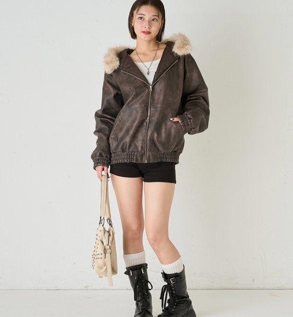  「【2way/ファー取り外し可能】ヴィンテージライクレザーファーフードブルゾン」|ブルゾン・スタジャン|