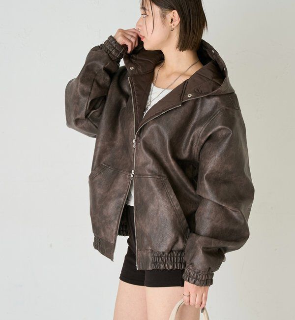  「【2way/ファー取り外し可能】ヴィンテージライクレザーファーフードブルゾン」|ブルゾン・スタジャン|