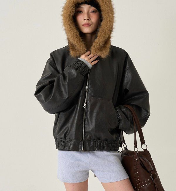  「【2way/ファー取り外し可能】ヴィンテージライクレザーファーフードブルゾン」|ブルゾン・スタジャン|