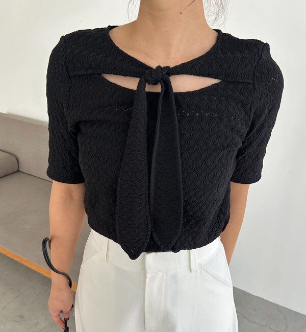  「レースノット5分袖トップス」|Tシャツ・カットソー|