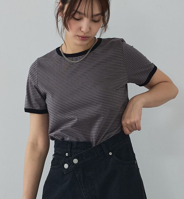 abahouse mavie「【リンガーT】ボーダーコンパクトTシャツ/夏服/半袖/スタイルアップ【予約】」|Tシャツ・カットソー|グレー
