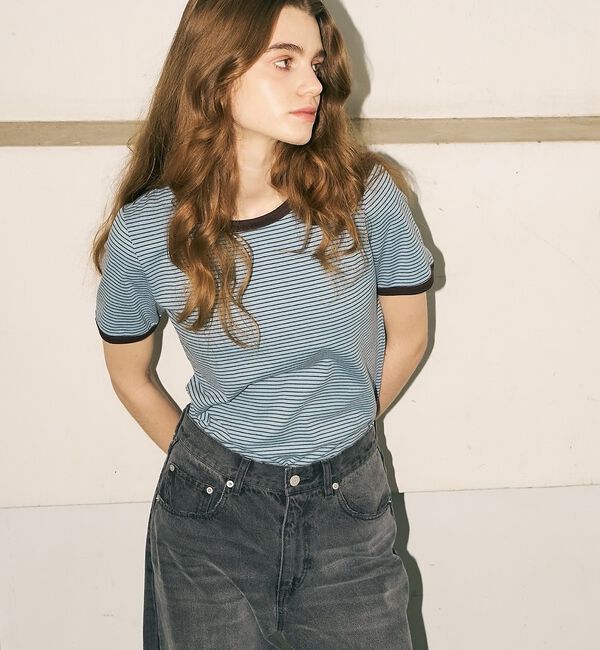 abahouse mavie「【リンガーT】ボーダーコンパクトTシャツ/夏服/半袖/スタイルアップ【予約】」|Tシャツ・カットソー|