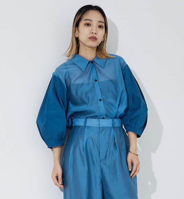 NOMINE「【セットアップ着用可】シアー コンビ5分袖 襟付きシャツ」|シャツ・ブラウス|