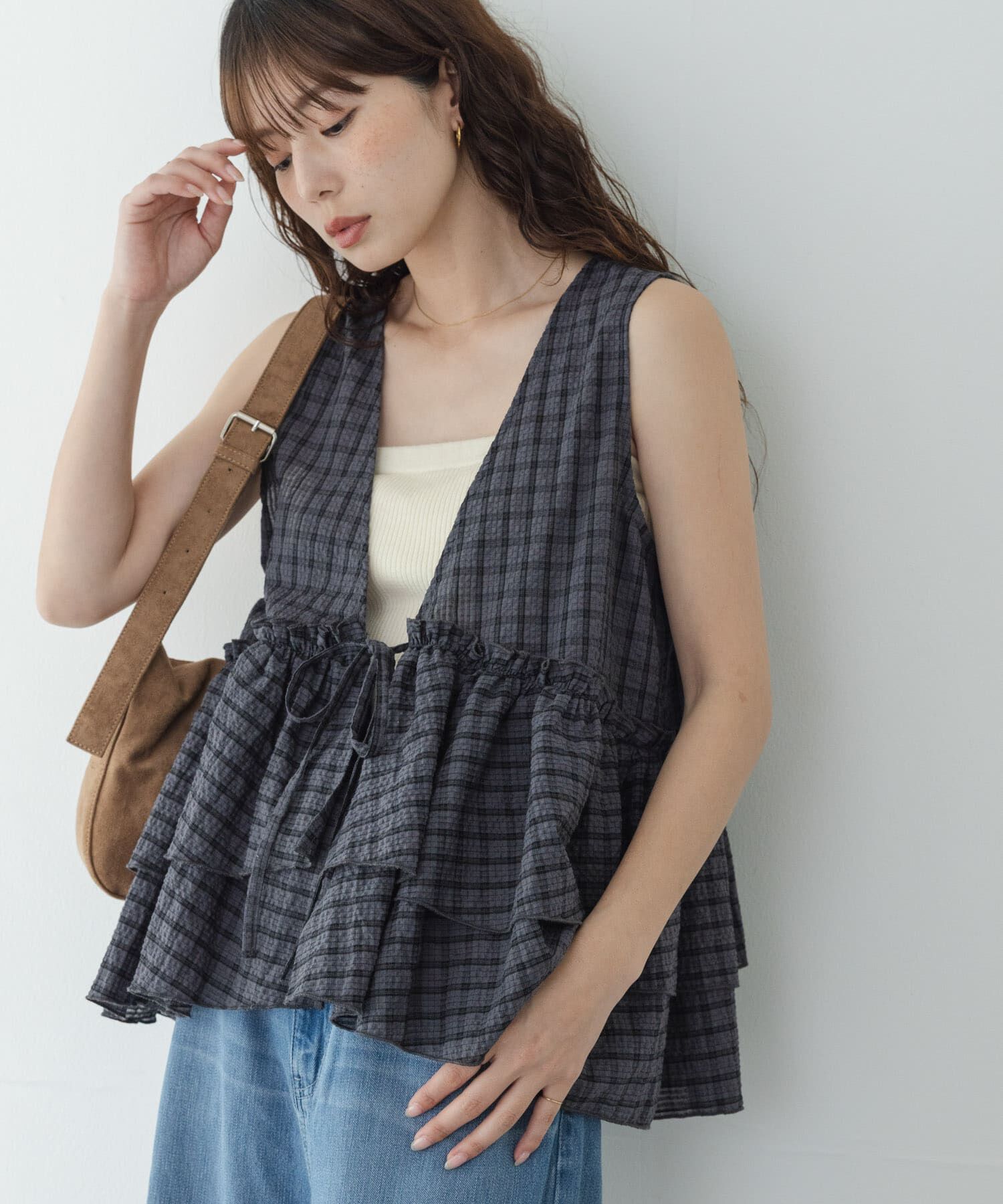 Sonny Label 「サッカーチェックペプラムベストブラウス」|シャツ・ブラウス|チャコールグレー