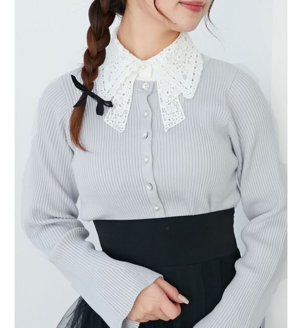  「リボンレース襟ニットカーディガン」|カーディガン|