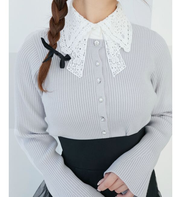  「リボンレース襟ニットカーディガン」|カーディガン|