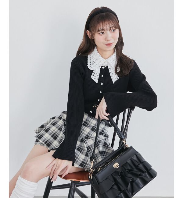  「リボンレース襟ニットカーディガン」|カーディガン|