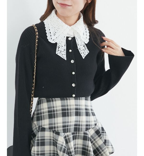  「リボンレース襟ニットカーディガン」|カーディガン|