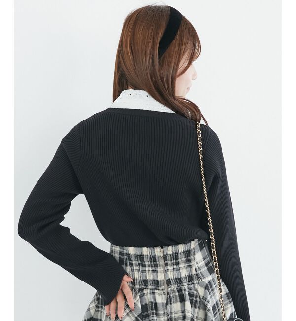  「リボンレース襟ニットカーディガン」|カーディガン|