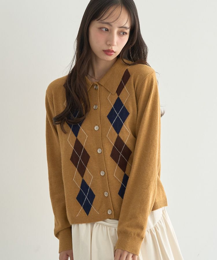 earth music&ecology「襟付きアーガイルニットカーディガン」|カーディガン|