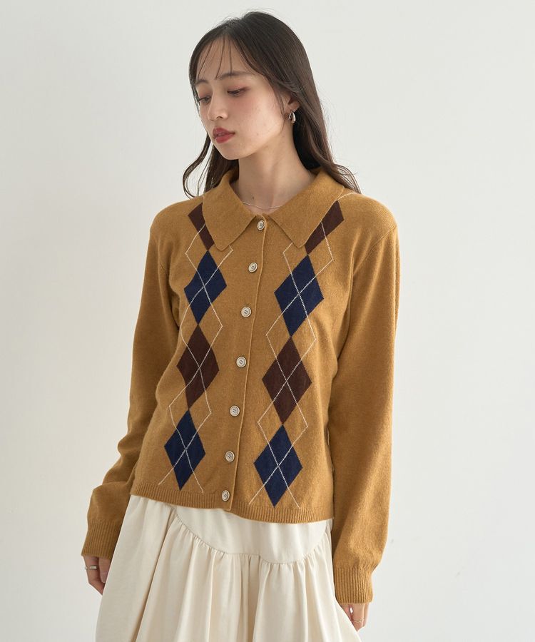 earth music&ecology「襟付きアーガイルニットカーディガン」|カーディガン|