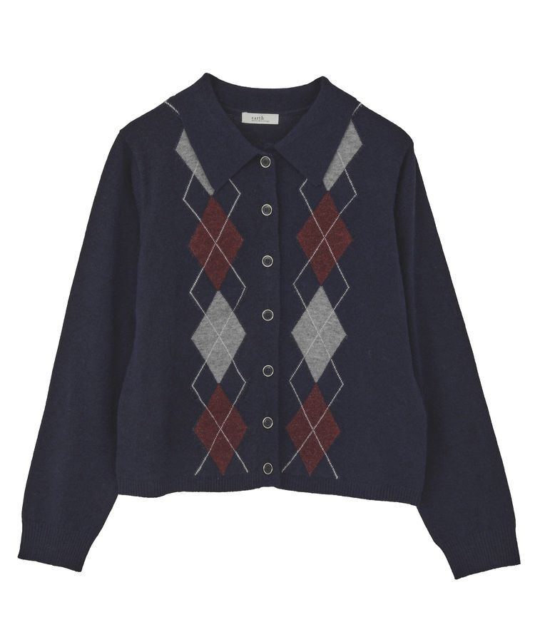 earth music&ecology「襟付きアーガイルニットカーディガン」|カーディガン|