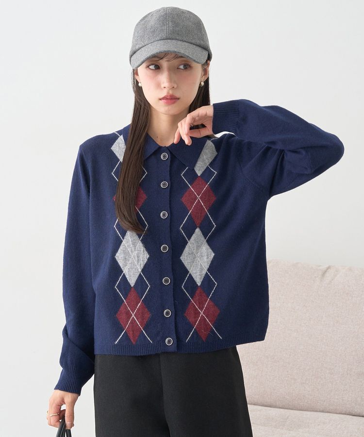 earth music&ecology「襟付きアーガイルニットカーディガン」|カーディガン|