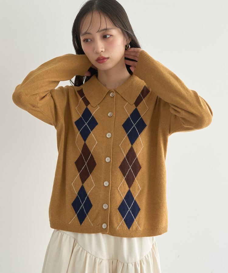 earth music&ecology「襟付きアーガイルニットカーディガン」|カーディガン|