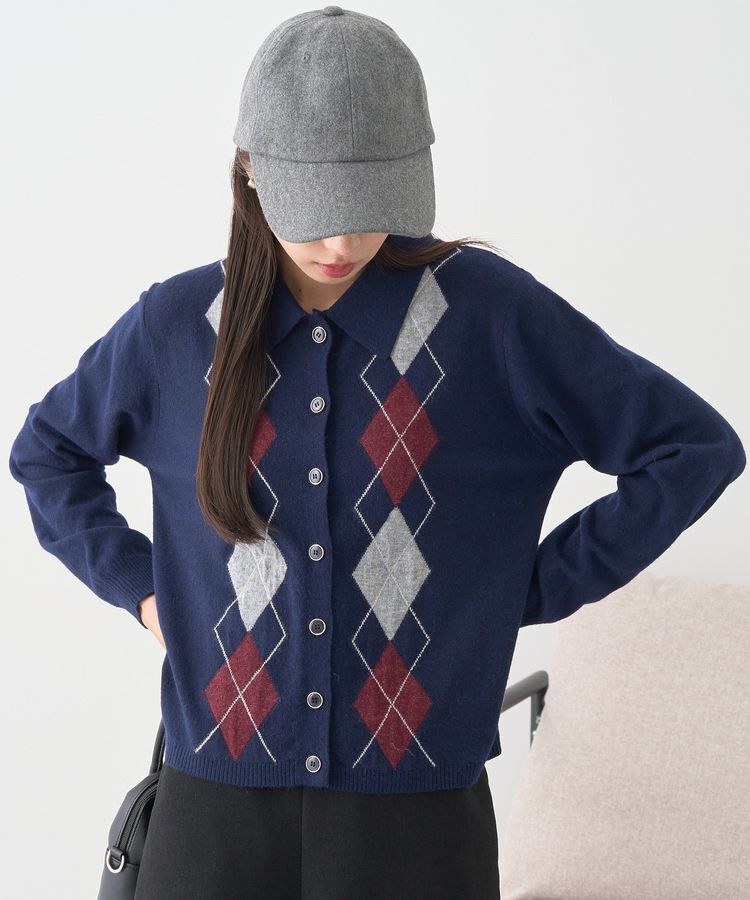 earth music&ecology「襟付きアーガイルニットカーディガン」|カーディガン|