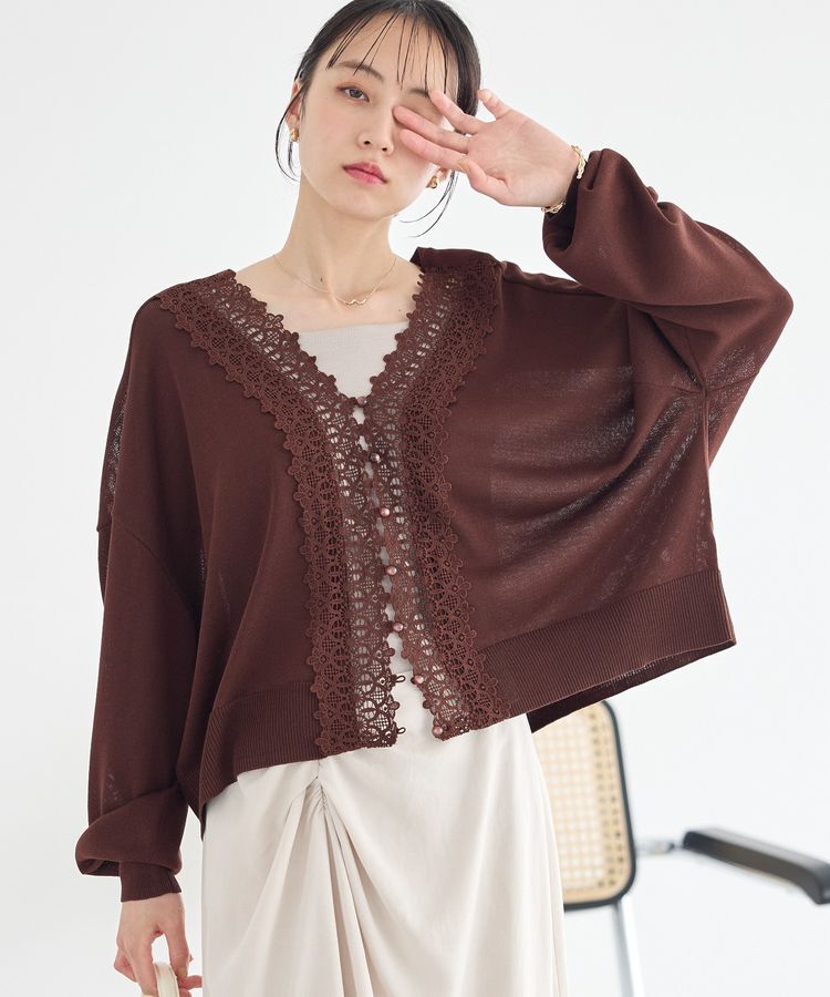 earth music&ecology「レーストリムシアーニットカーディガン」|カーディガン|Brown