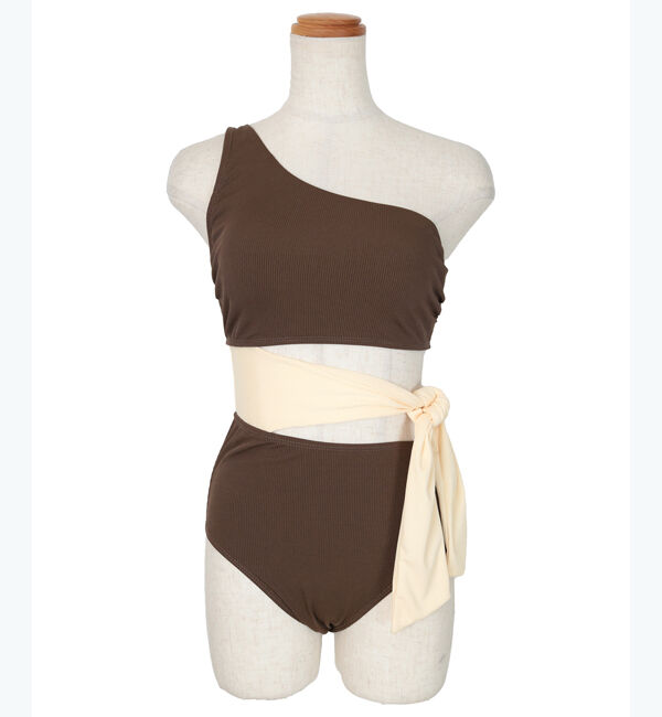 SEA DRESS「ウエストリボンワンショルダーワンピース/水着」|ビキニ|ブラウン/アイボリー