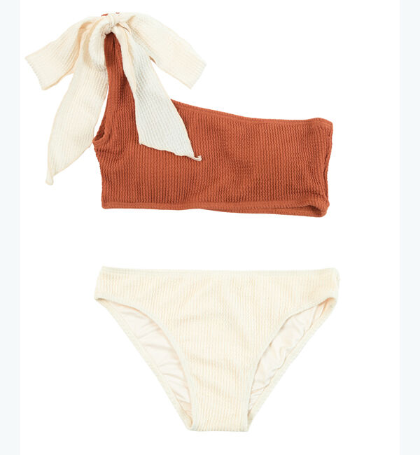 SEA DRESS「uneuneワンショルダーリボンビキニ/水着」|ビキニ|オレンジ/アイボリー