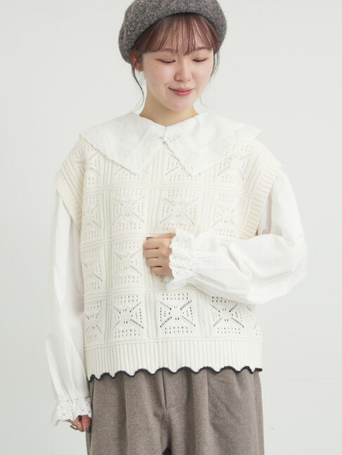 Samansa Mos2「クロシェ風配色ニットベスト」|ダウンベスト・ベスト|