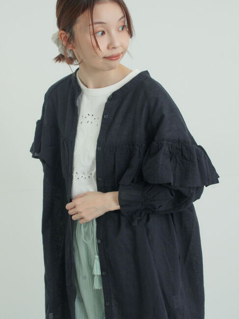 Samansa Mos2「切替フリルチュニック」|シャツ・ブラウス|ブラック