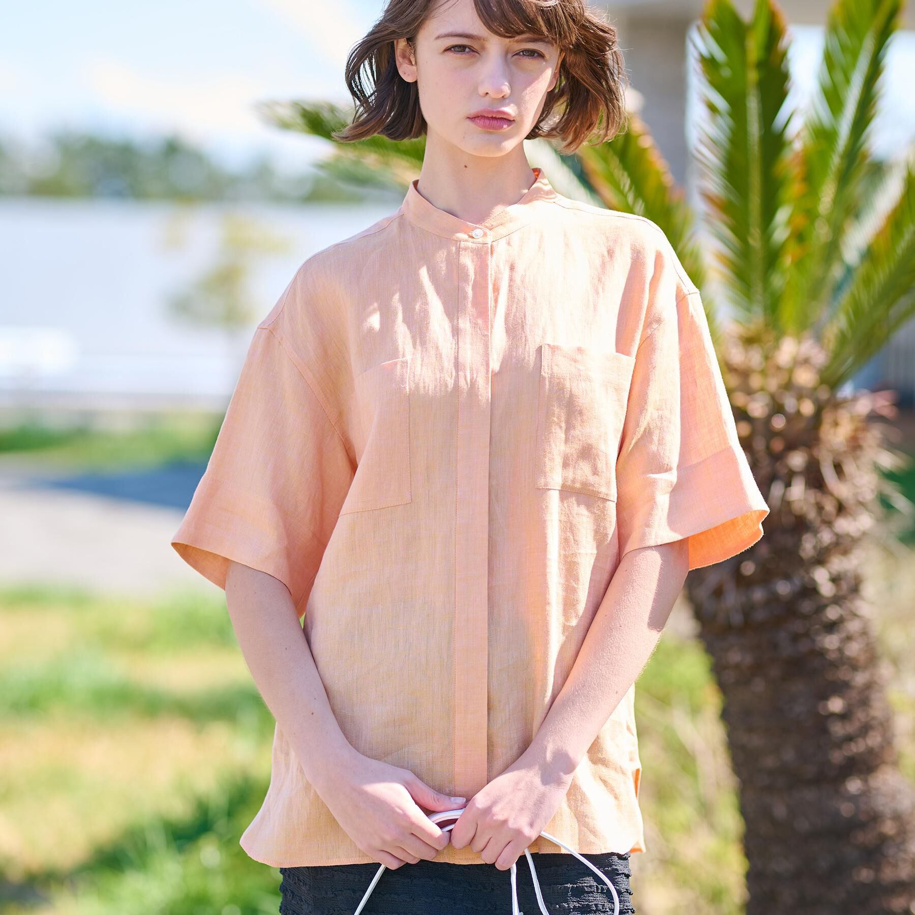 DRESSTERIOR「【リネン100％/洗える】フレンチリネンハーフスリーブシャツ」|シャツ・ブラウス|オレンジ(065)