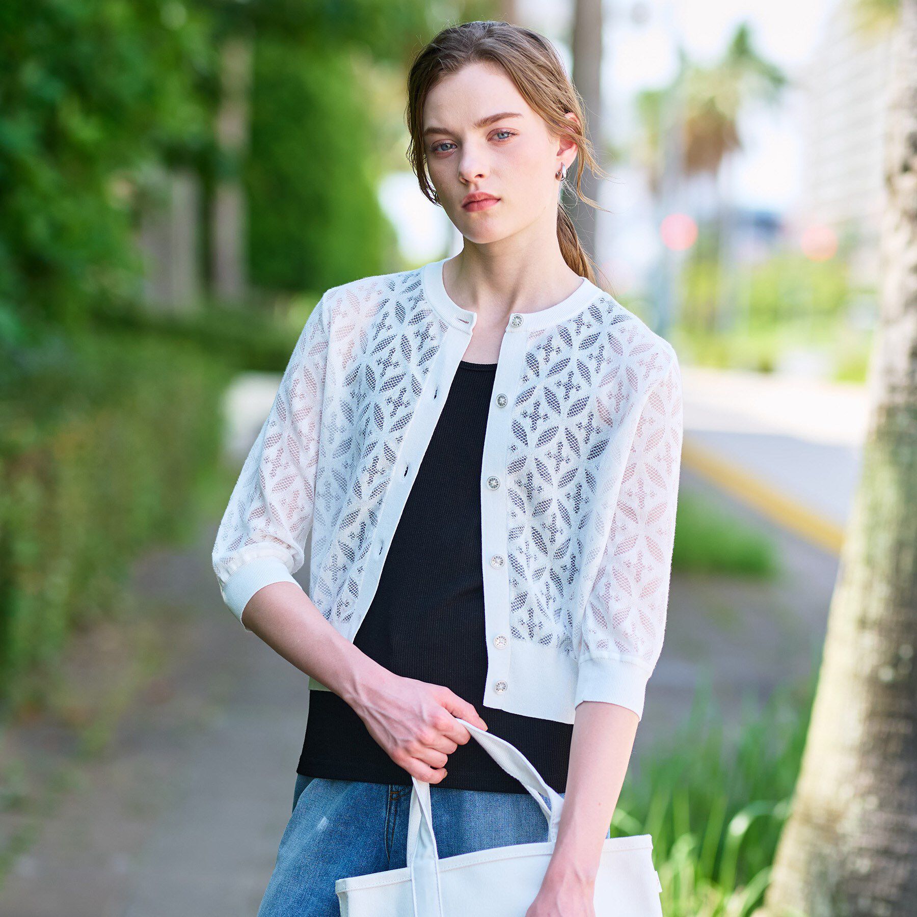 DRESSTERIOR「【洗える/シアー素材】オーバーラップレースハーフスリーブ」|カーディガン|